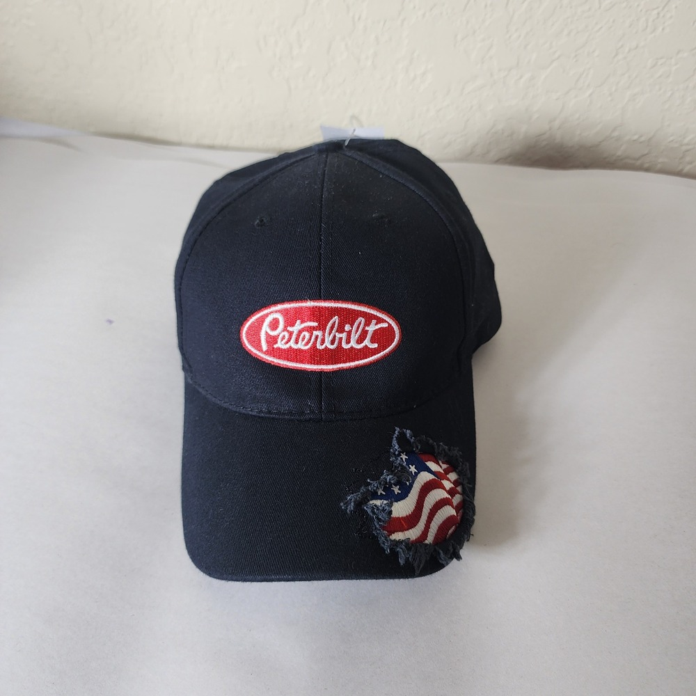 Peterbilt Motors Men Black Baseball Hat Distressed American Flag Logo Cap NWT